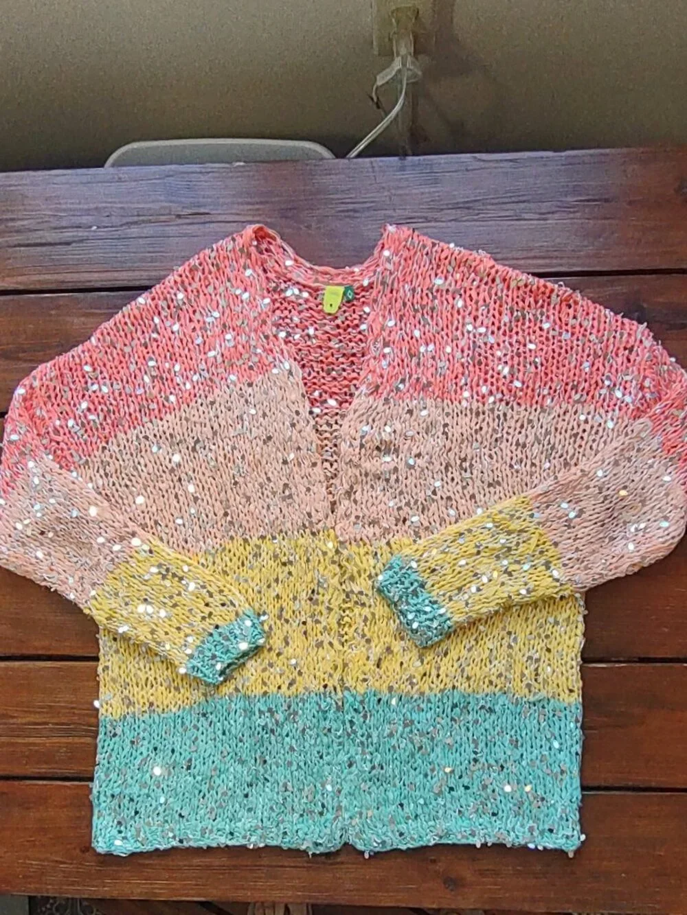 FARM Rio Brazil Sequin Cardigan Colorblock Stripe Boho *Flaws  Size G-Medium - Picture 4 of 16